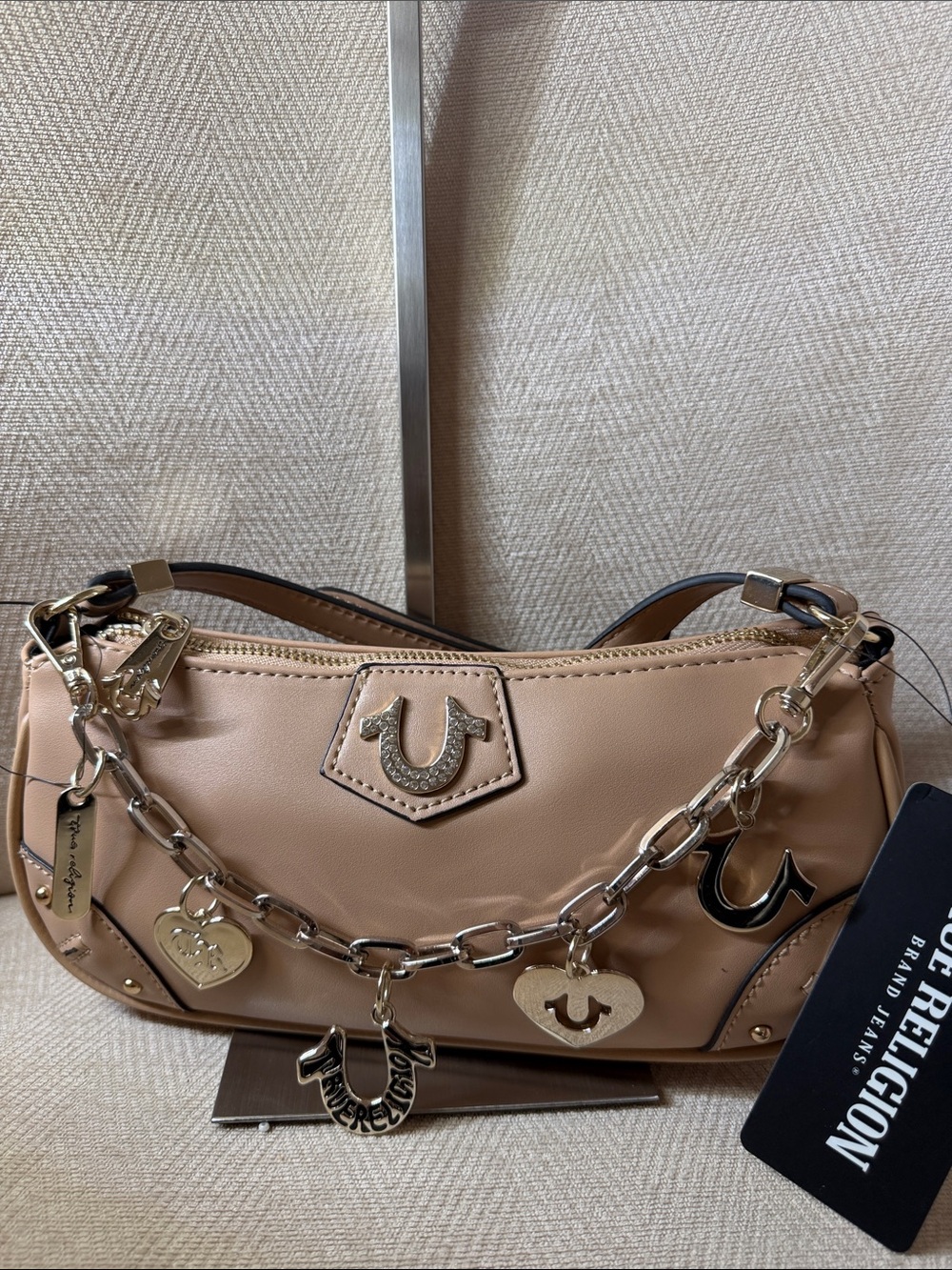 True Religion Beige Shoulder Bag with Silver Charm Chain - Picture 12 of 15